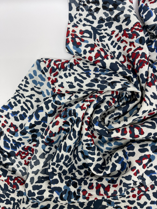 Плательная лен принт леопард голубой, красный на белом D10C1