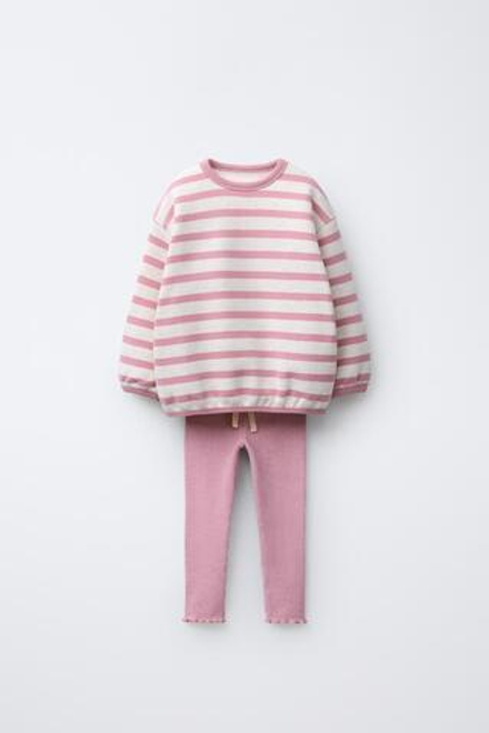 ZARA КОМПЛЕКТ ИЗ ПОЛОСАТОЙ ТОЛСТОВКИ И ЛЕГИНСОВ SOFT TOUCH, РОЗОВЫЙ МЕЛАНЖ