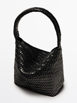 Massimo Dutti Сумка-мешок из кожи наппа с плетеным узором, черный