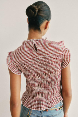ZARA ТОП В КЛЕТКУ ВИШИ С ЭФФЕКТОМ ЖАТКИ, ЭКРЮ/ГРАНАТОВЫЙ