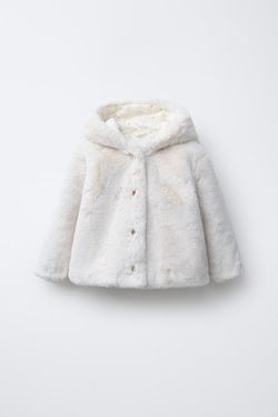 ZARA КУРТКА С КАПЮШОНОМ ИЗ ИСКУССТВЕННОГО МЕХА, ЭКРЮ