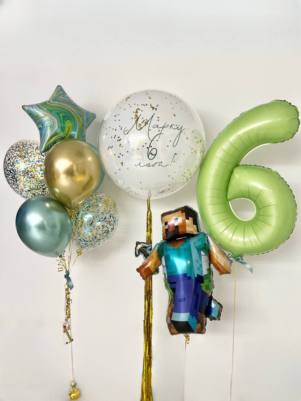 Воздушные шары Майнкрафт белый/золото/зеленый №3851