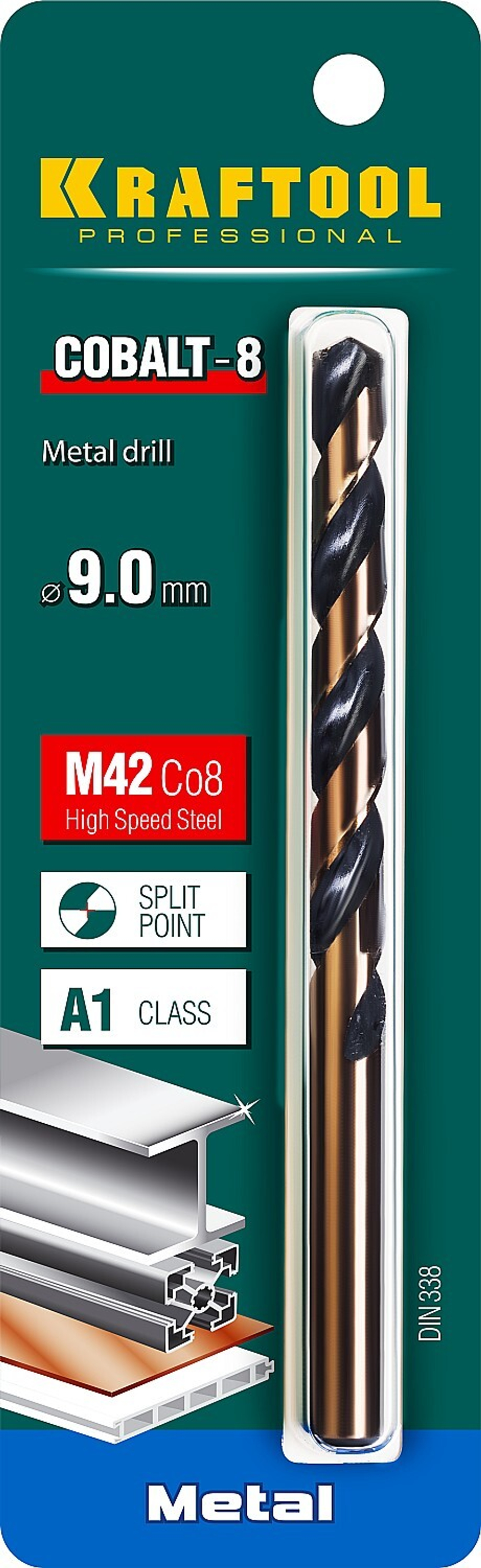 KRAFTOOL COBALT-8, 9.0 х 125 мм, сталь М42, HSS-Co(8%), сверло по металлу (29656-9)