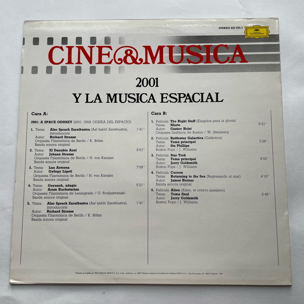 Винтажная виниловая пластинка LP 2001 Y La M sica Espacial, Музыка Из Кинофильма Космическая Одисея 2001, Стэнли Кубрик (Испания 1987)