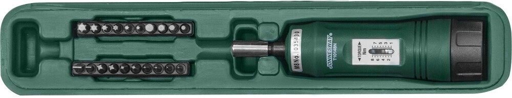 Отверточная рукоятка динамометрическая 1/4"DR 1-8Nm с набором бит 21 предмет.