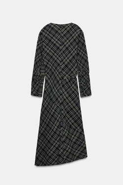 ZARA ПЛАТЬЕ В КЛЕТКУ СО СБОРКАМИ, АНТРАЦИТОВЫЙ/ХАКИ