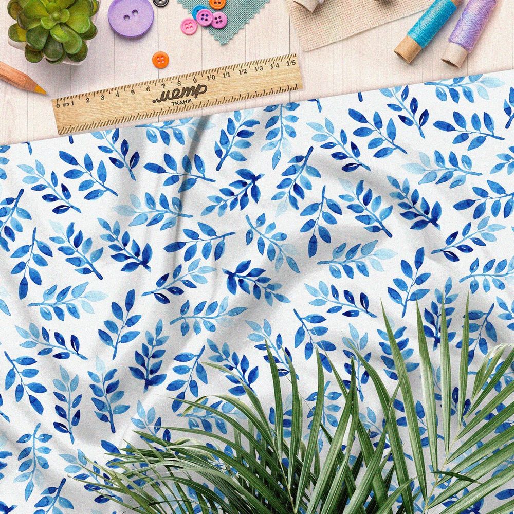 Ткань оксфорд 210 акварельные синие листочки