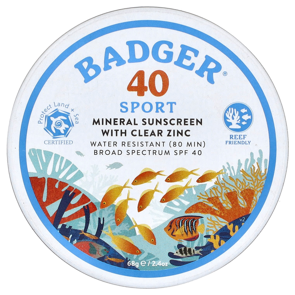 Badger, Sport, минеральное солнцезащитное средство с чистым цинком, SPF 40, без запаха, 68 г (2,4 унции)
