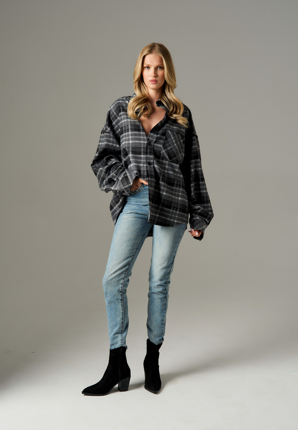 Рубашка в клетку long, серый