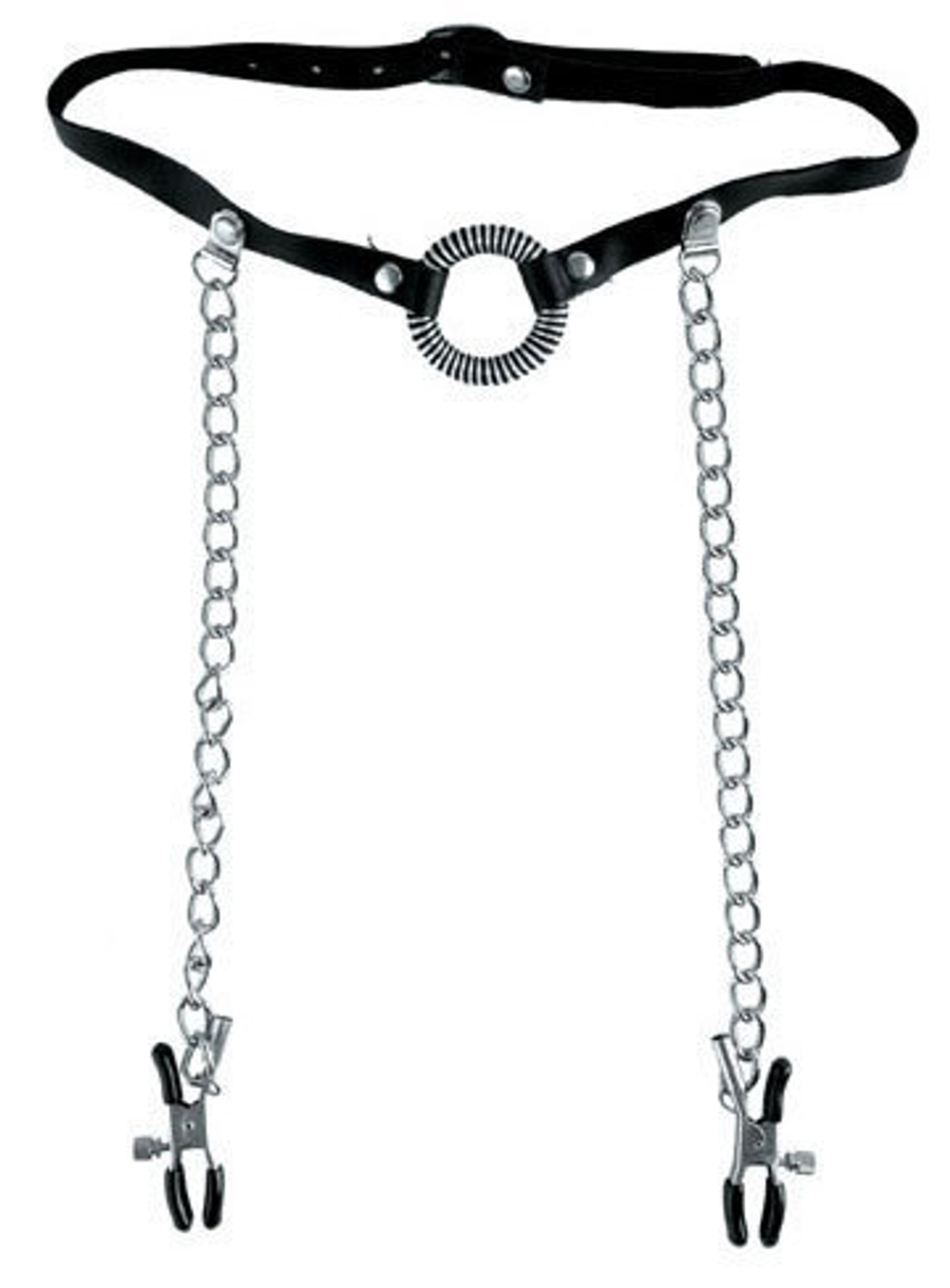 Кольцо-расширитель для рта с цепочками, соединяющими его с клипсами для сосков