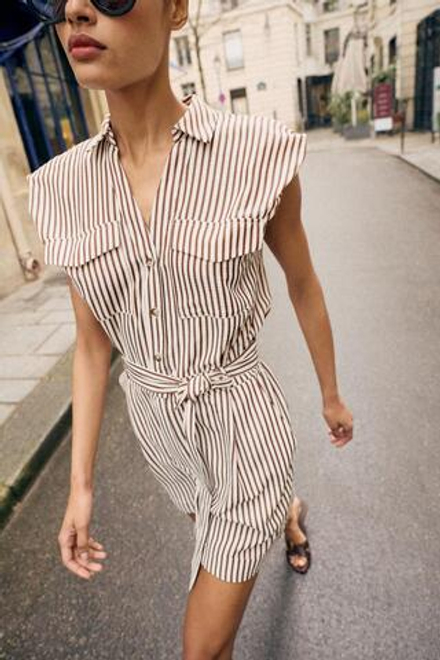 ZARA КОРОТКИЙ КОМБИНЕЗОН В ПОЛОСКУ С РЕМНЕМ, КОРИЧНЕВЫЙ