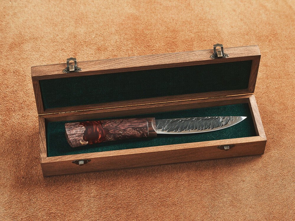 Якутский нож "Амга", сталь Х12МФ, рукоять коричневая стабилизированная карельская береза / акрил агат