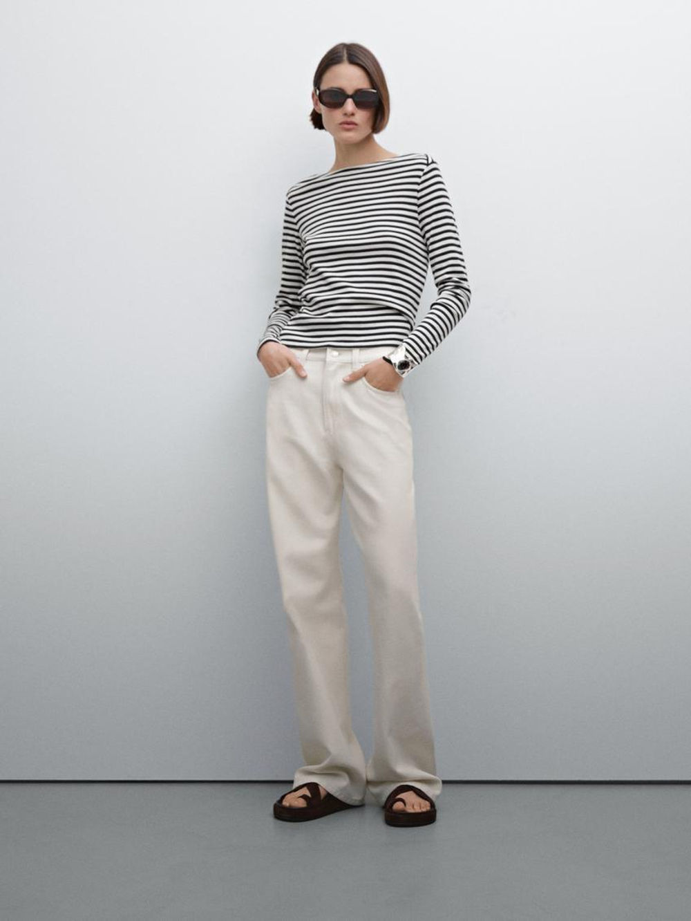 Massimo Dutti Джинсы с высокой посадкой и широкими штанинами, натуральный, кремовый