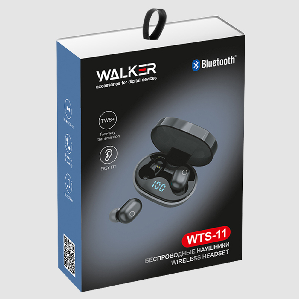 Наушники WALKER WTS-11, сенс. управление, независ. работа наушников, цифр. индикатор заряд, черные