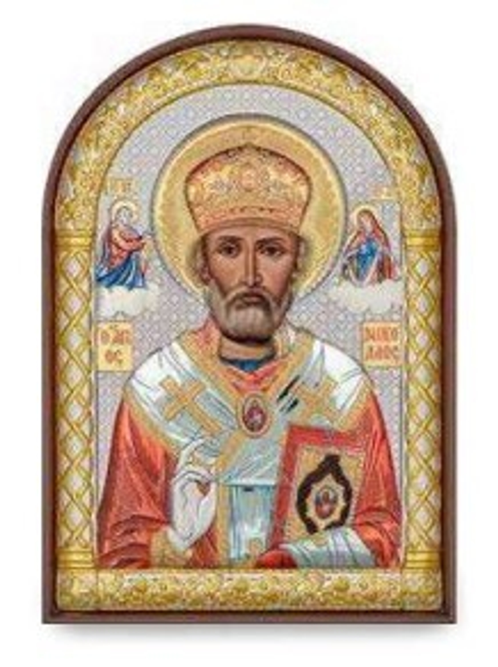 Николай Чудотворец, икона арочная, пластик коричневый, эмаль 48x68