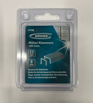Скобы, 8 мм, для мебельного степлера, усиленные, тип 53, 1000 шт. Gross
