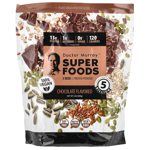 Dr. Murray's, Super Foods, порошок из 3 протеинов, тыква + лен + подсолнечник, шоколад, 908 г (2 фунта)