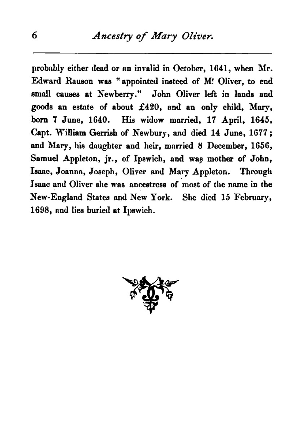 Ancestry of Mary Oliver, who Lived 1640-1698, and was Wife of Samuel . | William Sumner Appleton