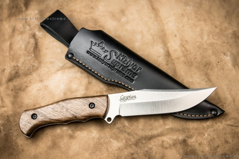 Нож Kizlyar Supreme CASPIAN AUS-8 SW WH LS (StoneWash, Walnut Handle, Leather Sheath)