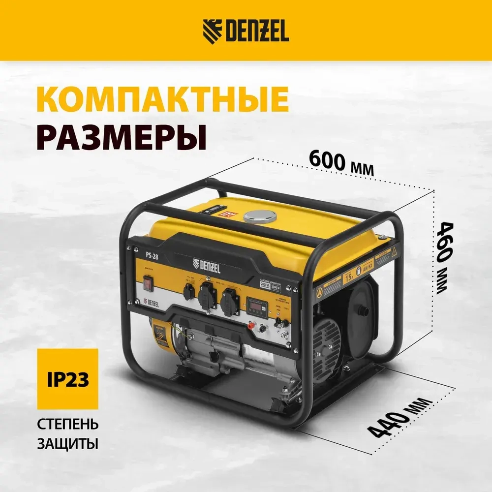 Генератор бензиновый DENZEL PS-28, 2.8 кВт и 212 см3 объем двигателя, 230 В, 15 л объем топливного бака, ручной стартер и блок AVR, 2 розетки 16 А и выход постоянного тока 12 В/USB 5В 946824