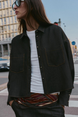 ZARA РУБАШКА ОВЕРСАЙЗ С КОНТРАСТНОЙ ОТДЕЛКОЙ, ЧЕРНЫЙ