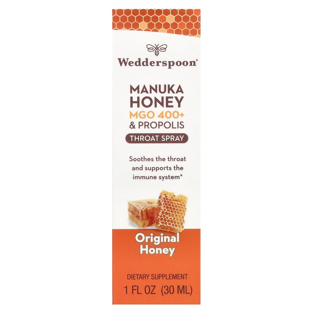 Wedderspoon, Спрей для горла с медом и прополисом Manuka, оригинальный мед, MGO 400+, 30 мл (1 жидк. унц.)