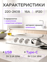 Горизонтальная тройная розетка 1USB + 1 Type-C, белая