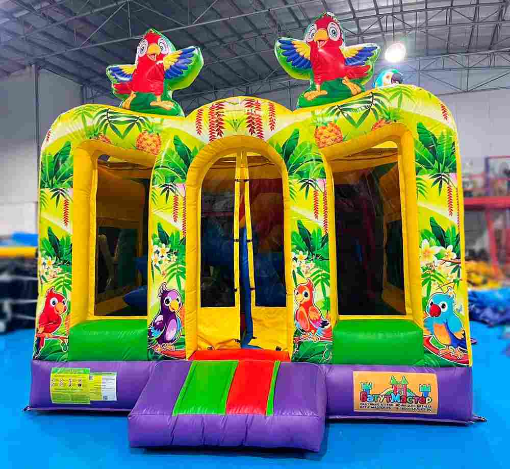 Коммерческий надувной батут «Попугаи и друзья» с крышей, 6x4x4 м