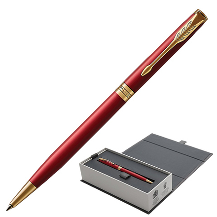 Ручка шариковая PARKER "Sonnet Core Intense Red Lacquer GT Slim" тонкая, корпус красный глянцевый лак, позолоченные детали, черная, 1931477