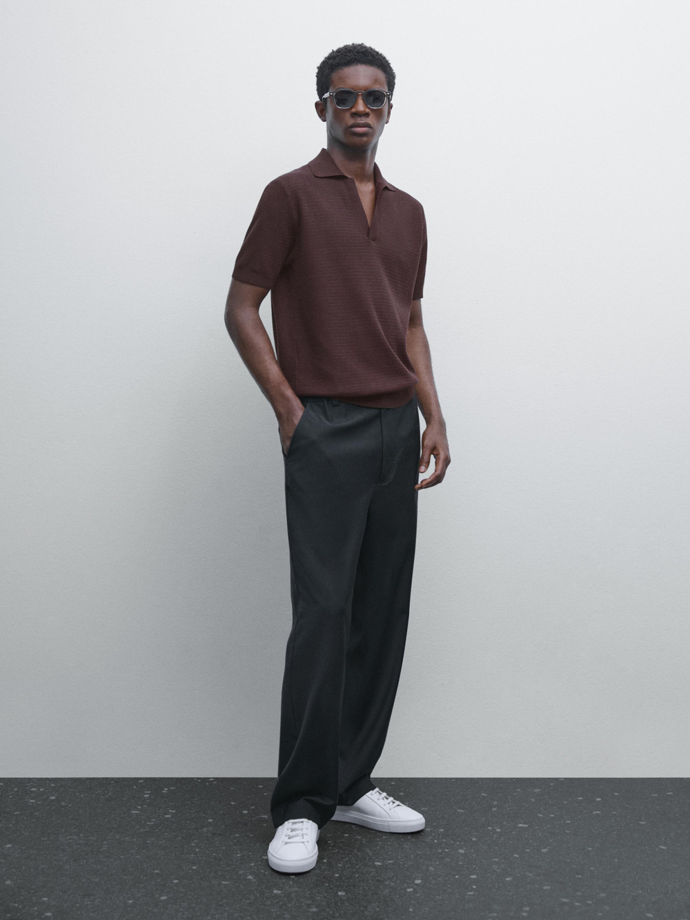 Massimo Dutti Вязаная футболка-поло с V-образным вырезом, бургунди