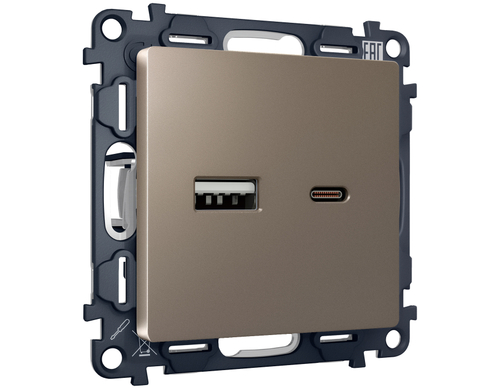 MA641010 Комплект механизма розетки ALFA Темная бронза матовый 2USB A+C 20W (быстрая зарядка) QUANT (AP6410, VM177)