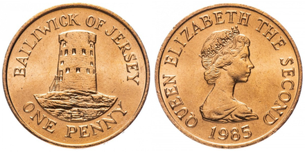 Джерси 1 пенни, 1983 - 1992 Башня Ле Хок aUNC