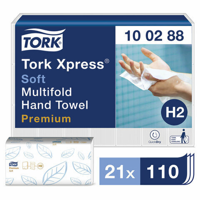 Полотенца бумажные 110 штук, TORK (Система H2) Premium, КОМПЛЕКТ 21 штука, 2-слойные, белые, 21×34, Interfold 100288