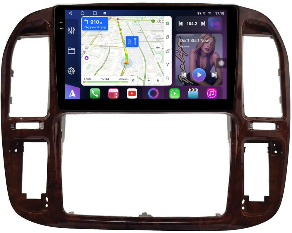 Магнитола для Toyota Land Cruiser 100, Lexus LX470 1998-2002 (кондиционер или климат внизу, рамка дерево) - FarCar 9608F3 монитор 9.5" QLED на Android 14, TS18, CarPlay, 4G SIM-слот