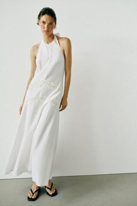 ZARA ПЛАТЬЕ МИДИ ИЗ СМЕСОВОГО ЛЬНА, БЕЛЫЙ