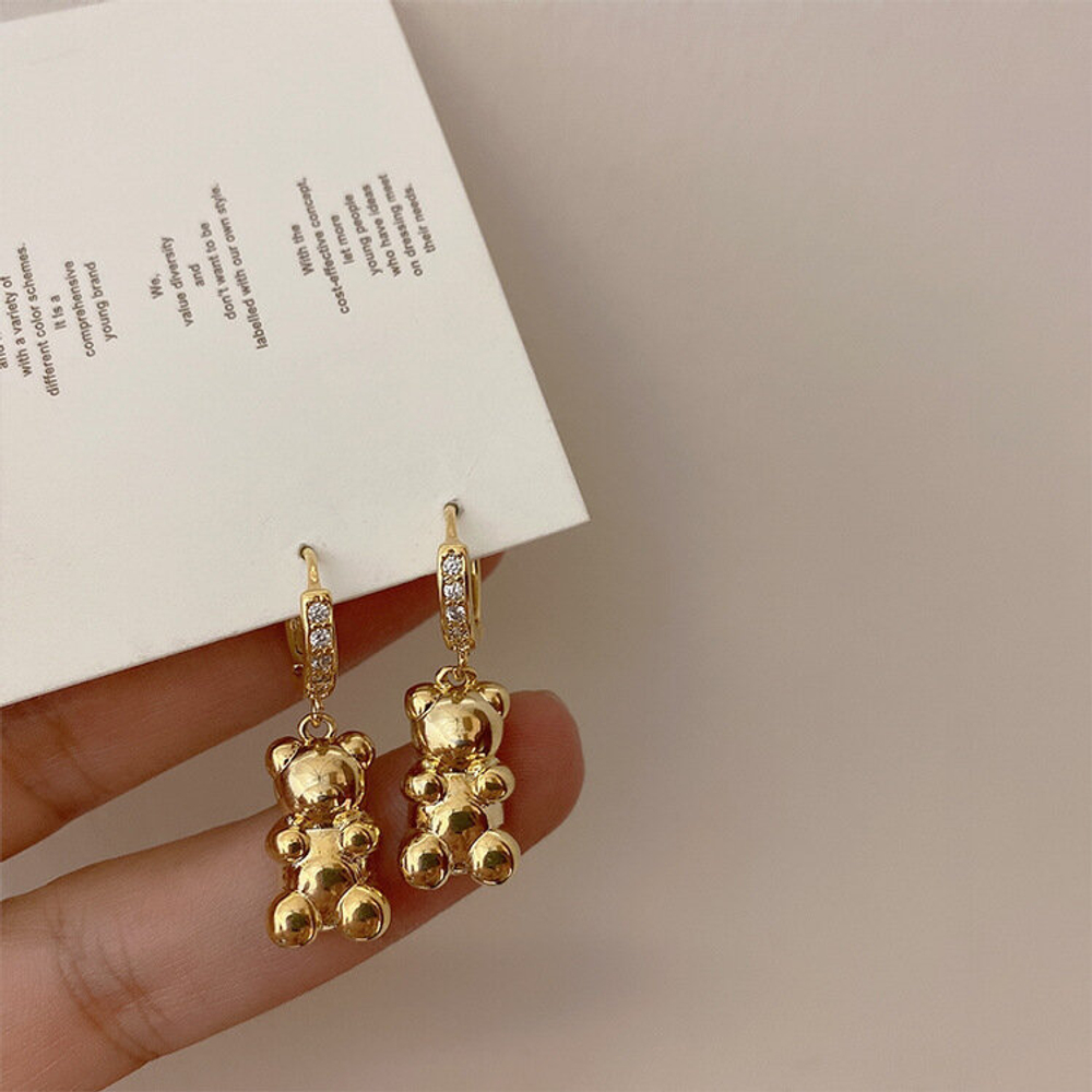 Серьги сережки с камешками бижутерия Мишки, золото