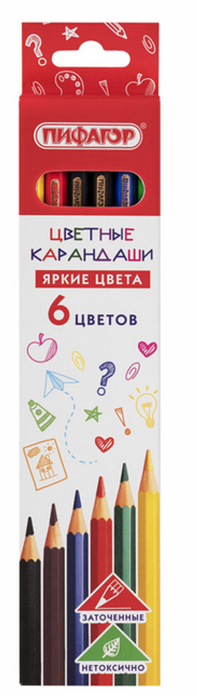 Карандаши цветные 6цв,шестигранные ЭКО &quot;КЛАССИК&quot; (Пифагор)