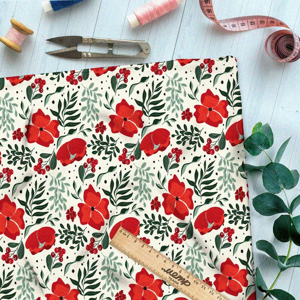 Ткань лён насыщенные маки и листья на бежевом фоне