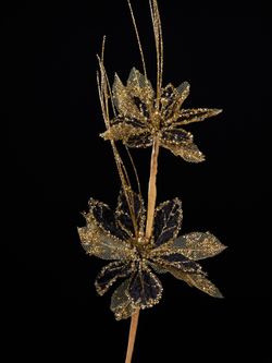 Веточка с цветами 15х41см ChristmasDeLuxe черная с золотом