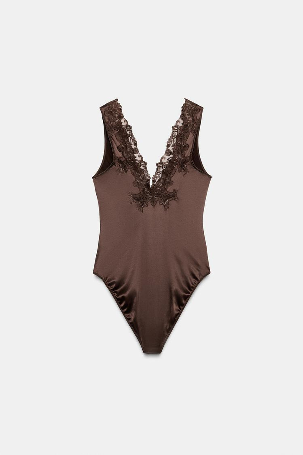 ZARA АТЛАСНОЕ БОДИ С КРУЖЕВОМ — ZW COLLECTION, КОРИЧНЕВЫЙ