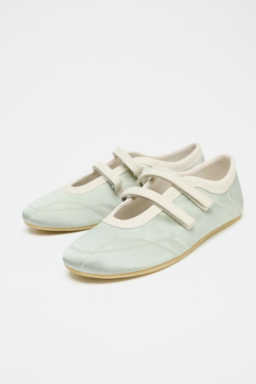 ZARA АТЛАСНЫЕ БАЛЕТКИ С ДЕКОРАТИВНОЙ СТРОЧКОЙ, ЗЕЛЕНЫЙ