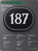 Номерок на дверь квартиры 187, для кабинета, офиса, шильдик 9 х 7 см, черный, Айдентика Технолоджи