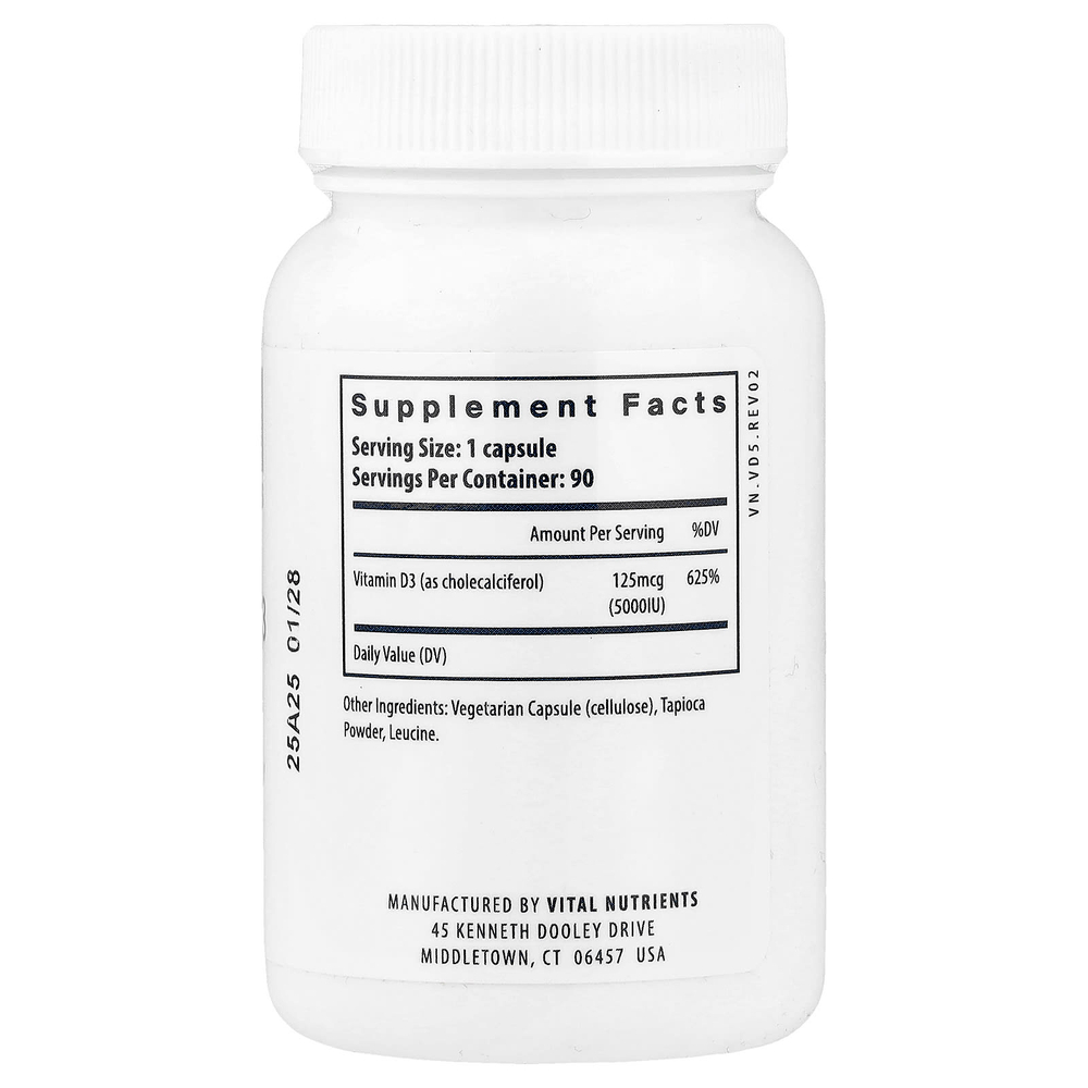 Vital Nutrients, Витамин D3, 5000 МЕ, 90 вегетарианских капсул
