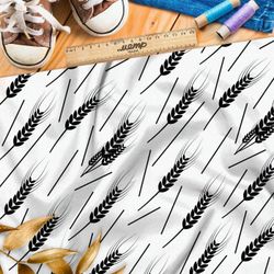 Ткань премиум сатин черные колосья на белом