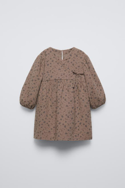 ZARA ПЛАТЬЕ ИЗ РЕЛЬЕФНОЙ ТКАНИ С ПРИНТОМ, КОРИЧНЕВЫЙ