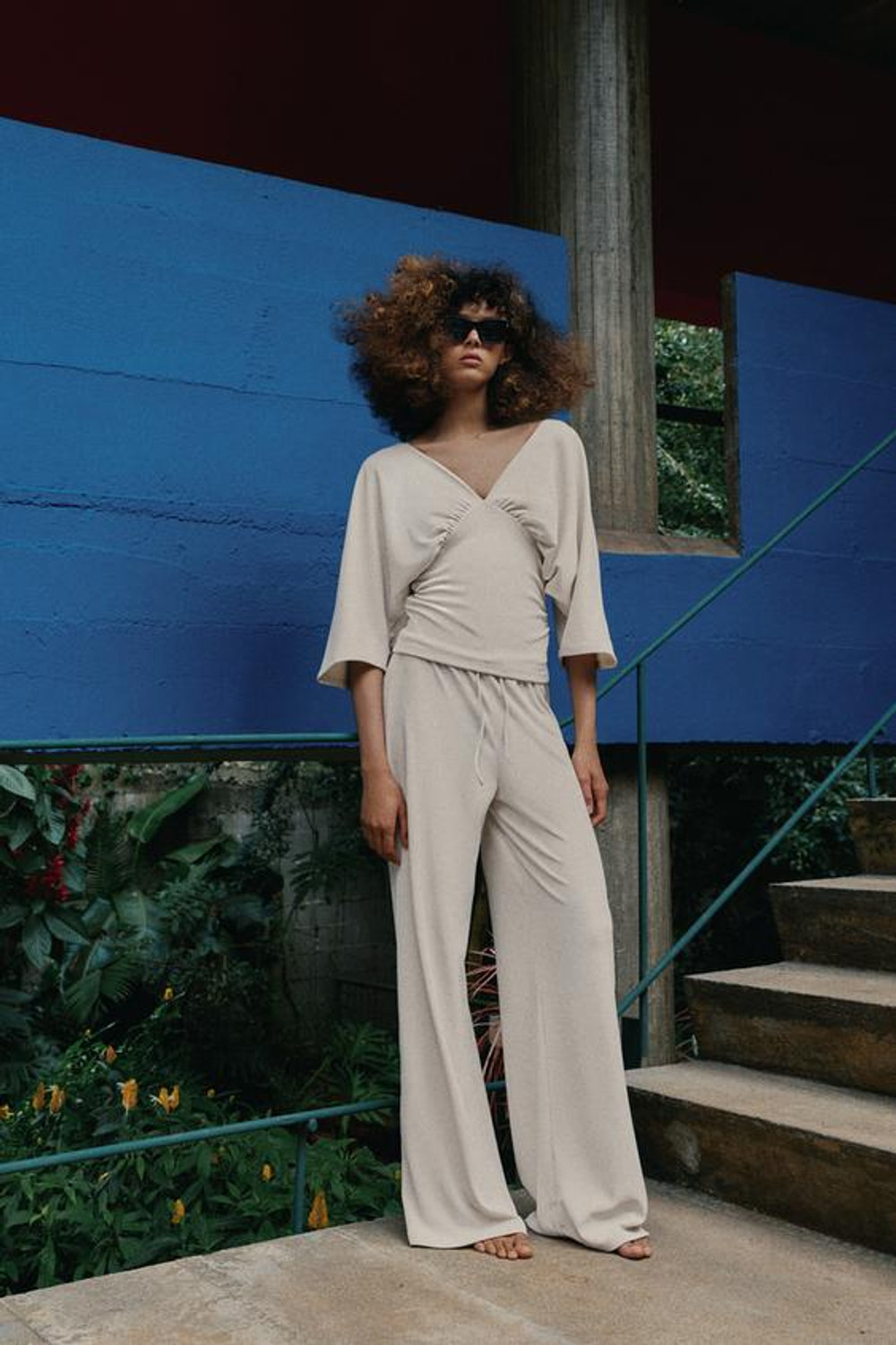 ZARA БРЮКИ ПАЛАЦЦО ИЗ ФАКТУРНОЙ ТКАНИ, ЭКРЮ