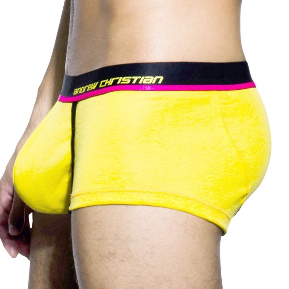 Мужские трусы боксеры желтые Andrew Christian Glow Yellow Boxer с тонкой лиловой полоской  AC86