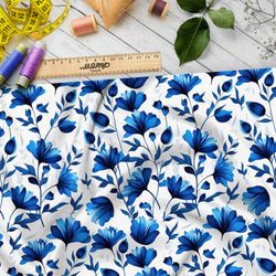 Ткань интерлок васильки в стиле гжель