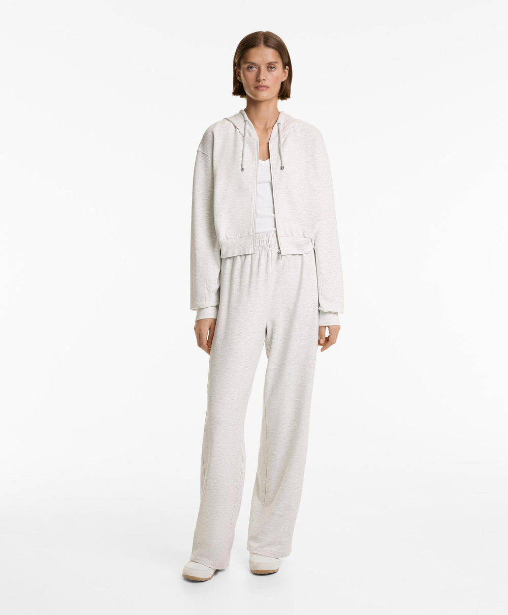 Oysho Толстовка укороченная с капюшоном и отделкой в ​​рубчик из хлопка и модала, бледно-серый меланж