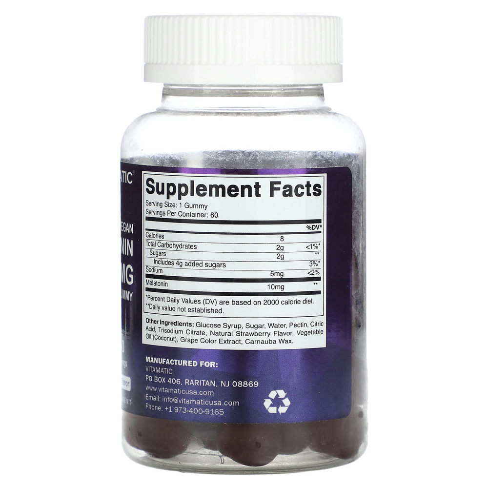 Vitamatic, веганские жевательные таблетки с мелатонином, со вкусом натуральной клубники, 10 мг, 60 жевательных таблеток